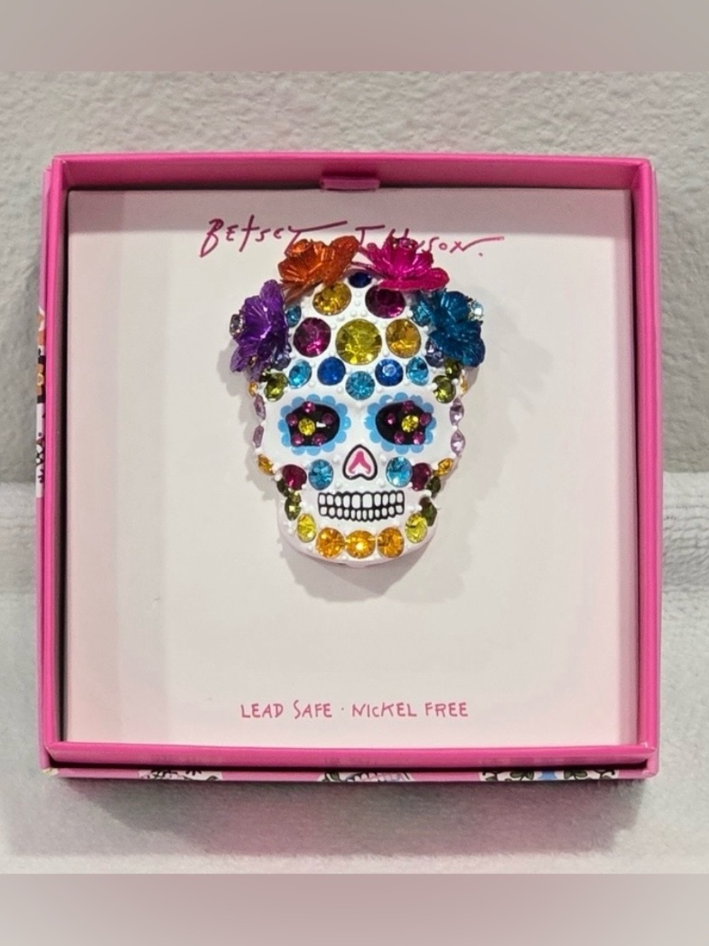 NWT Betsey Johnson White Sugar Skull Brooch with Multicolor Crystals